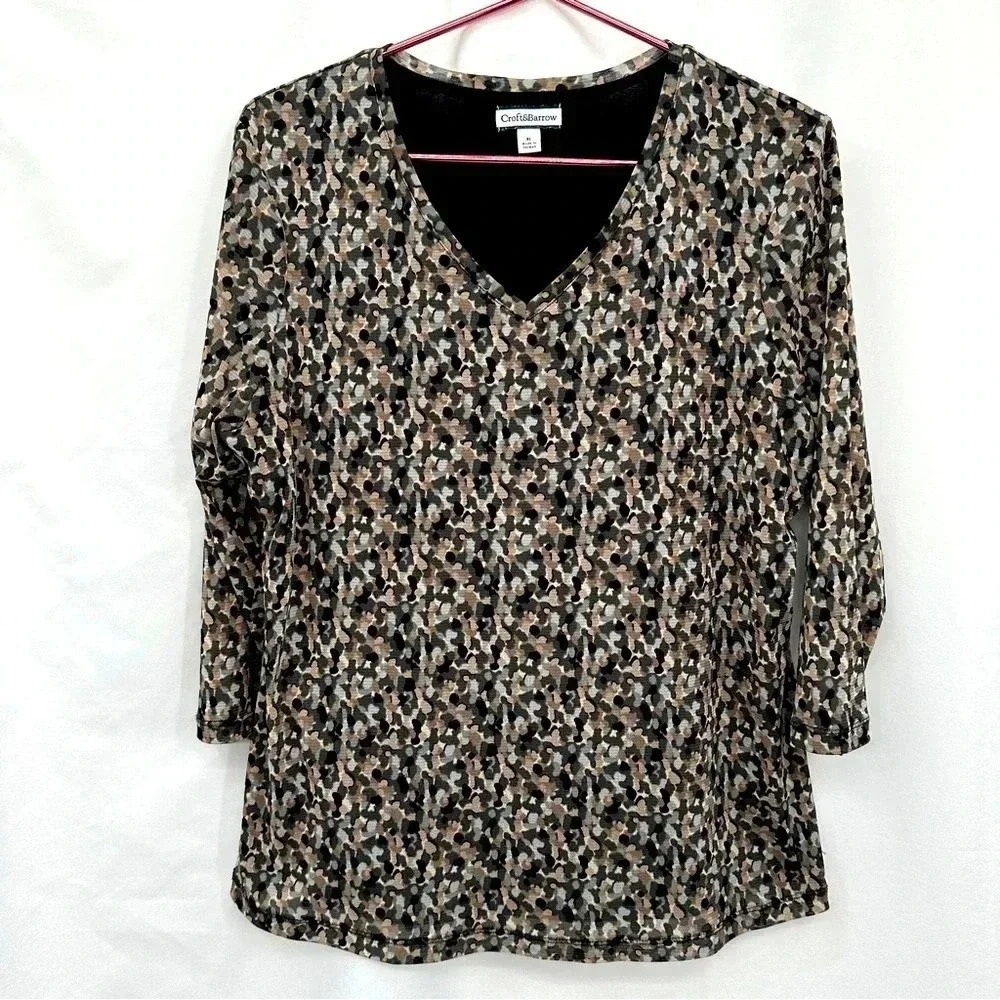 Croft & Barrow V-Neck Top Women XL Multi Abstract Dot Mesh 3/4 Sleeve Lined
